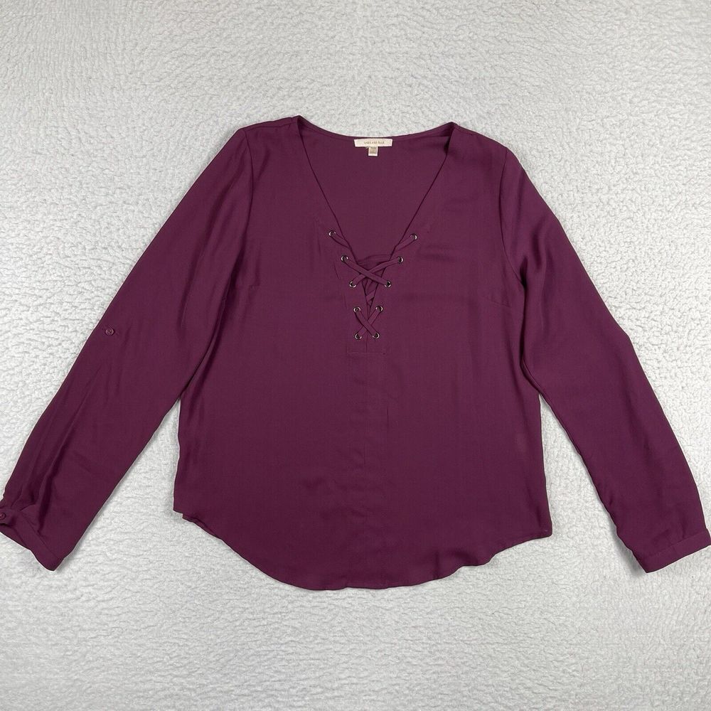 Skies Are Blue Shirt Womens Large Purple Merlot Blouse Semi Sheer Corporate Work